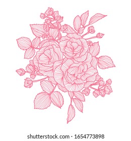 Decorative rose flowers, design elements. Can be used for cards, invitations, banners, posters, print design. Floral background in line art style