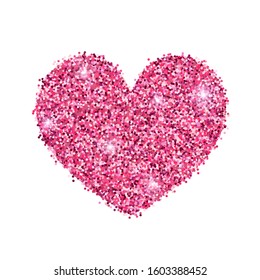 Decorative rose gold glitter shiny heart isolated on white. Pink glossy sparkles shape. Vector illustration for tag, flyer, web, banner, advert, sale, sticker, wedding, Valentines greeting card