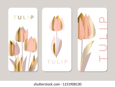 Decorative  rose and gold textured tulip flowers card set. Elegant luxury floral element for header, card, invitation, poster, cover and other web and print design projects 
