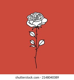 Decorative rose with leaves. Flower silhoutte. Vector illustration on red background.