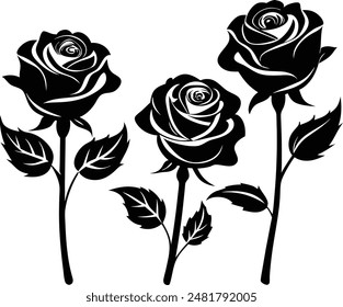 Decorative Rose Silhouettes with Leaves: Flower Vector Illustration Set