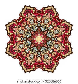 Decorative rosette in oriental tattoo style, round warm ornament isolated on a white background. Colorful pattern for a carpet and ottomans, graphic banner.