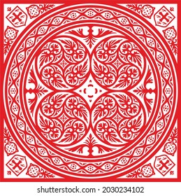 Decorative rosette pattern in gothic medieval style, great circles and coats of arms of ireland