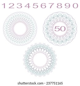 Decorative rosettes and numbers. Set on a white background.