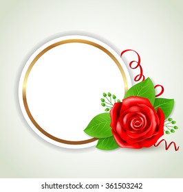 Decorative round banner with red rose and green leaves