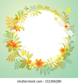 decorative round blank frame with flowers and green leaves