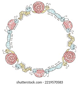 Decorative round border of cartoon drawn insects