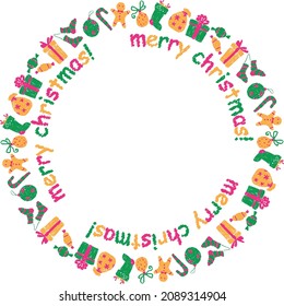 Decorative round border from colorful drawn christmas gifts and lettering