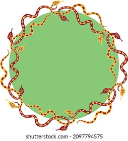 Decorative round border of creeping cartoon yellow and red snakes 