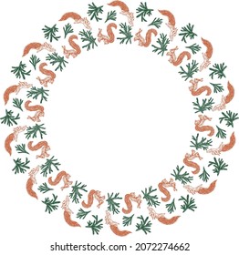 Decorative round border from drawn cheerful red squirrel and green fir branches