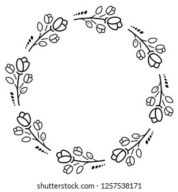 Decorative round border frame with  flowers. Circular flower's frame. Floral circle frame for greeting card. Retro graphic design elements. Rose flower wreath. Vector flat outline illustration.
