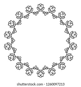 Decorative round border frame with flowers and leaves. Floral rose. Label design element. Vector flat outline icon illustration isolated on white background.