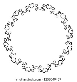 Decorative round border frame with hearts. Circle hearts border. Valentines day frame. Vector flat outline icon illustration isolated on white background.