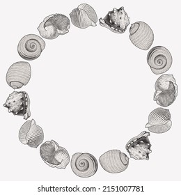 Decorative round border from sketches various seashells