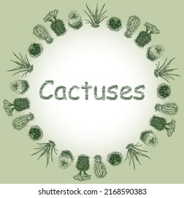 Decorative round border from sketches various cactuses