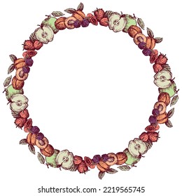 Decorative round border of various drawn ripe fruits