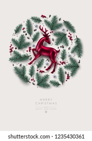 Decorative Round Christmas Composition made Pine Branches, Berries and Glass Reindeer.  Flat lay, top view.