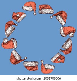 Decorative round christmas frame from sketches Santa Claus hats