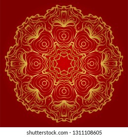 Decorative Round Color Ornament For Interior Design. Tribal Ethnic Ornament With Mandala. Home Décor. Vector Illustration. red, gold color.