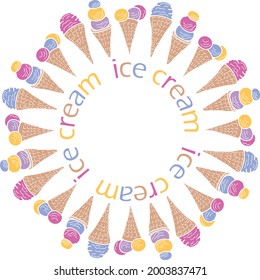 Elementos decorativos de diseño redondo de diferentes helados de conos de gofre 