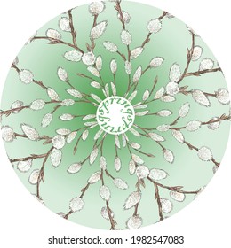 Decorative round design element from drawn spring willow branches with fluffy buds