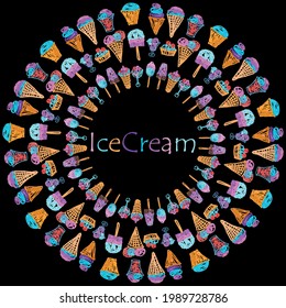 Decorative round design element from sketches various tasty ice cream