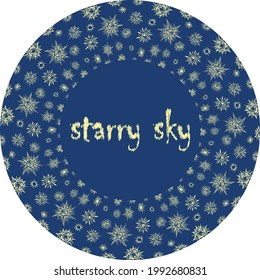Decorative round design element with various drawn yellow stars on blue background