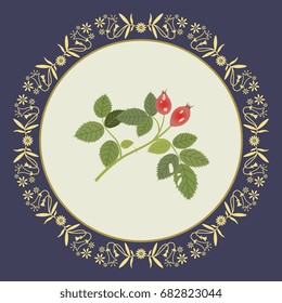 Decorative round element. Bough of wild rose in elegant frame with floral motives. Pastel colors: green, red on pale beige, bronze frame, dark blue background. Romantic vintage retro style.