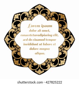 Decorative round element with a gold baroque pattern on a black background.