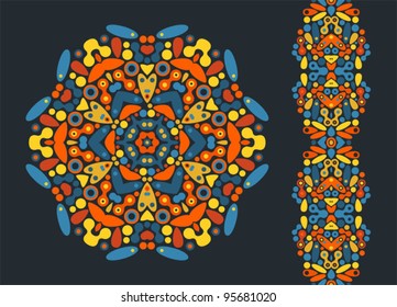 Decorative round element and psychedelic seamless pattern. Vector colorful illustration.
