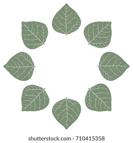 Decorative round element with silhouettes of tree leaves. Isolated green wreath on white.