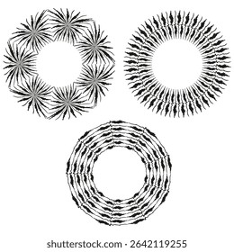 Decorative round elements. Spiral wreath forms. Black vector circular. Abstract ornament structure.