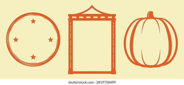 Decorative round emblem with star motifs beside vertical border portal and autumn squash for seasonal thanksgiving graphic layout.