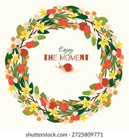 Decorative round floral frame featuring cute snails among branches and flowers, suitable for greetings, invitations and nature-themed designs