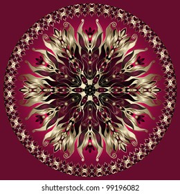 Decorative round floral frame with gold flowers on purple background (vector)