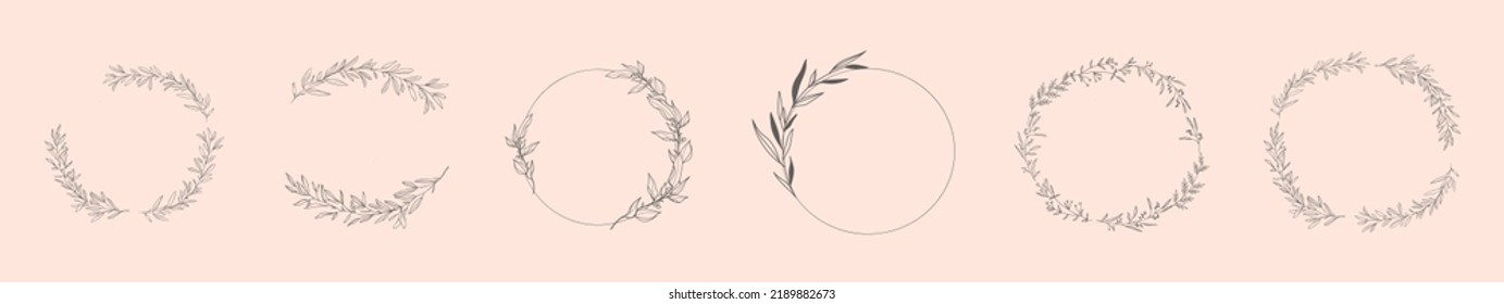 Decorative round floral frames hand drawn. Vintage laurel wreath