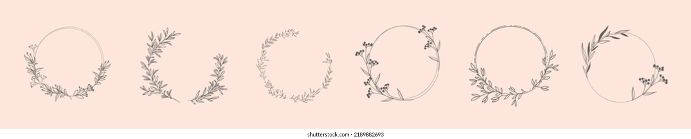 Decorative round floral frames hand drawn. Vintage laurel wreath