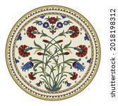 Decorative round floral pattern with bouquet of whimsical flowers. Ancient Persian style. Plate, arabesques. 