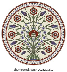 Decorative round floral pattern with bouquet of whimsical flowers. Ancient Persian style. Plate, arabesques. 