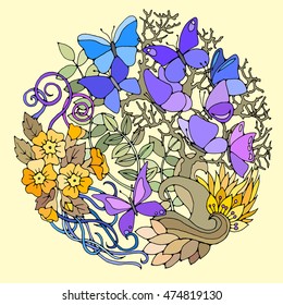 Decorative round floral pattern with butterflies, leaves and flowers. Floral design elements. Vector color illustration.