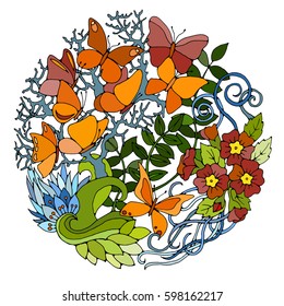 Decorative round floral pattern with butterflies, leaves and flowers. Floral design elements. Vector color illustration.