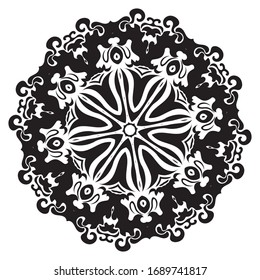 Decorative round flourish frame, black and white vintage ornament design.