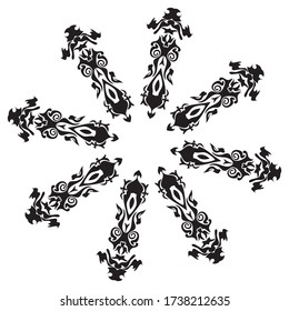 Decorative round flourish frame, black and white vintage ornament design.