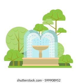 Decorative round fountain with water jets in the Park. The style flat. Vector.