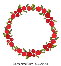 Decorative round  frame, berries wreath.Cranberry wreath isolated on white background space for text