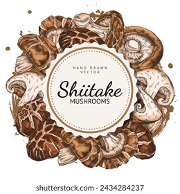 Decorative round frame with brown hand drawn shiitake mushrooms sketch style, vector illustration isolated on white background. Design element, tasty organic food product