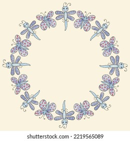 Decorative round frame of cartoon drawn butterflies and dragonflies