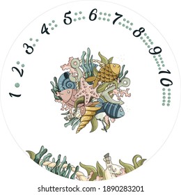 Decorative round frame for a children's plate with an instructive game for children. Elements of marine inhabitants. Fish. Unique design of children's tableware. All objects are separated. Vector.