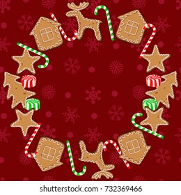 Decorative round frame with Christmas candies, cookies and snowflakes on a red background.
