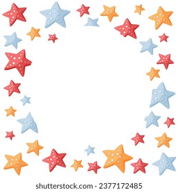 Decorative round frame with colorful starfish isolated on white. Round wreath with copy space for text, for postcards, nautical party invitations, poster, card, flyer. Cartoon vector illustration.